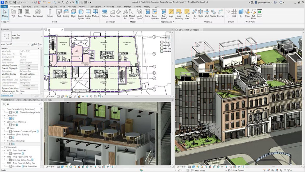 Revit-werkomgeving met plattegrond, 3D-aanzicht en doorsnede van een gebouw
