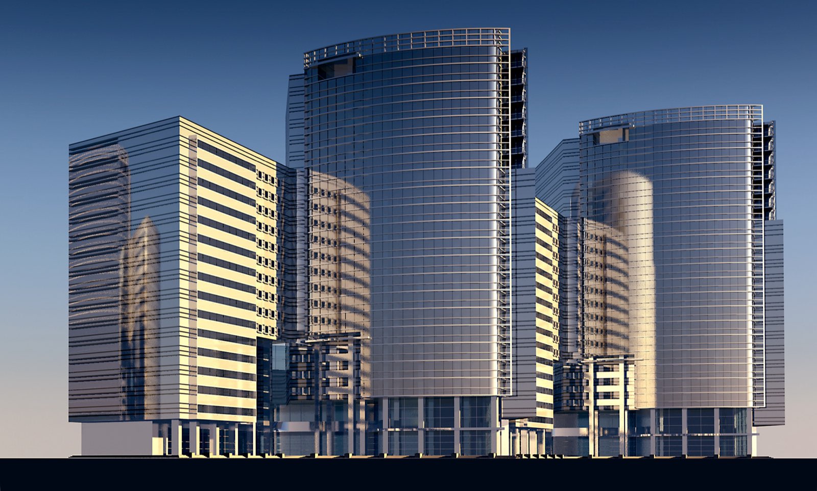 3D model of an office complex with glass curtain walls