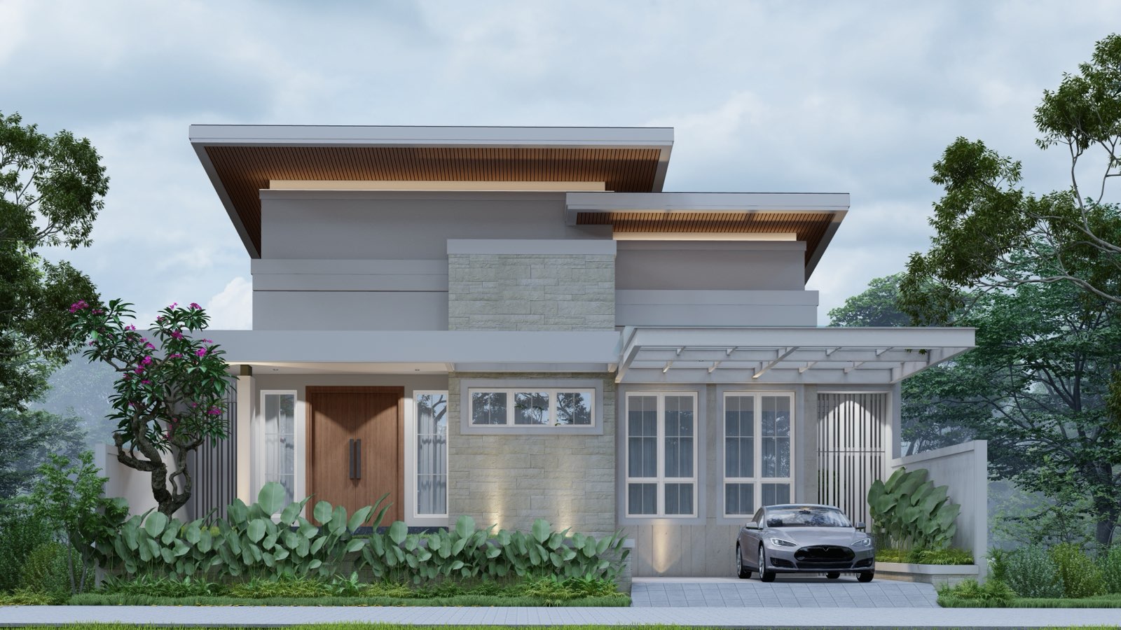 3D visualisation of a modern detached house with flat roofs