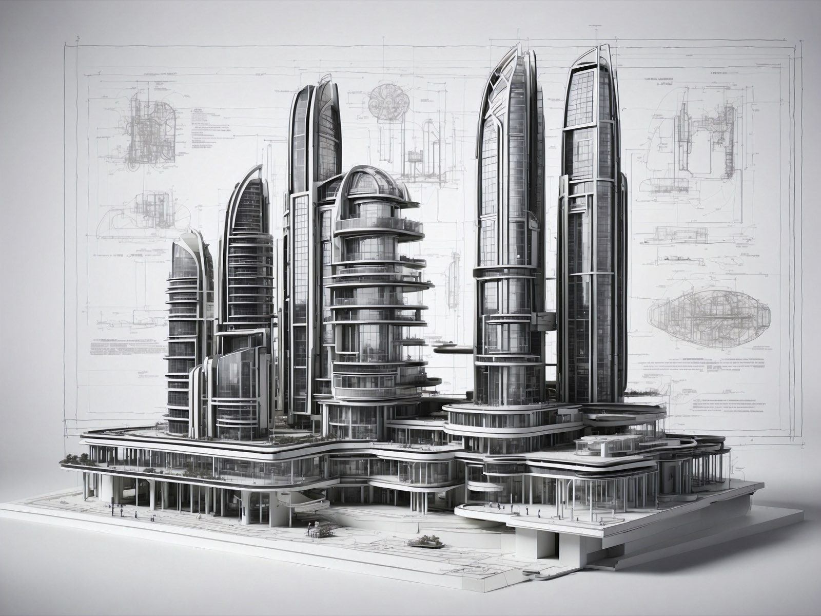 Detailed 3D model of a building project with technical drawings behind it